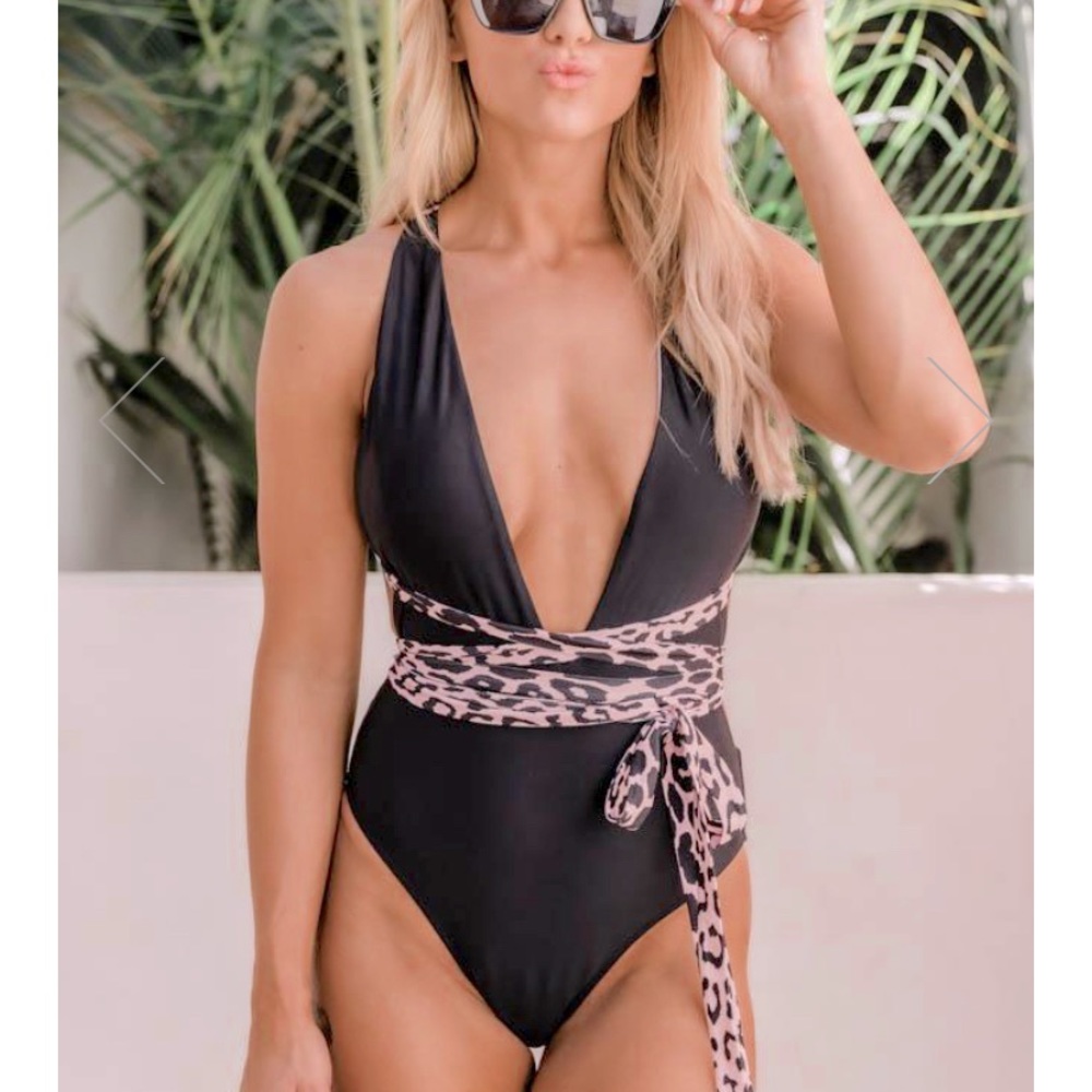 Pink Lily black & leopard one piece swimsuit